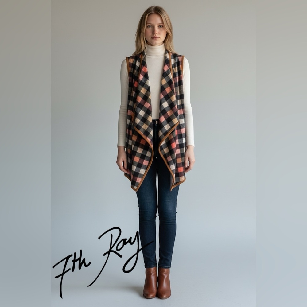 7th Ray Plaid Waterfall Vest Open Front Drape Boho Fall Small